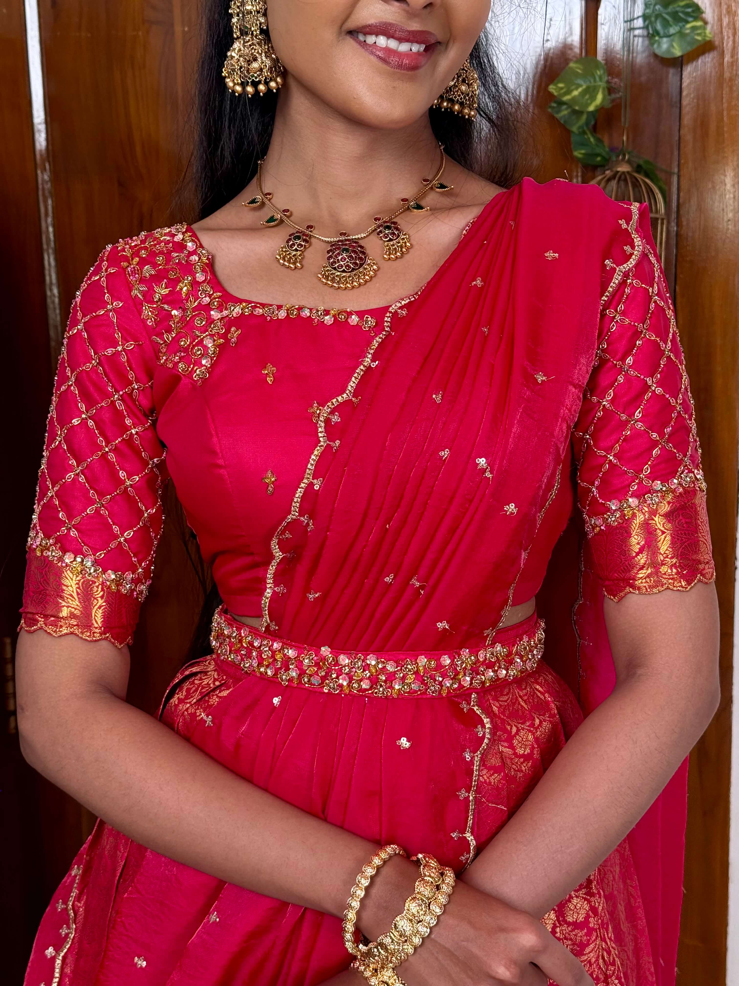 Rani pink Premium hand worked pure Kanchipuram silk Lehenga