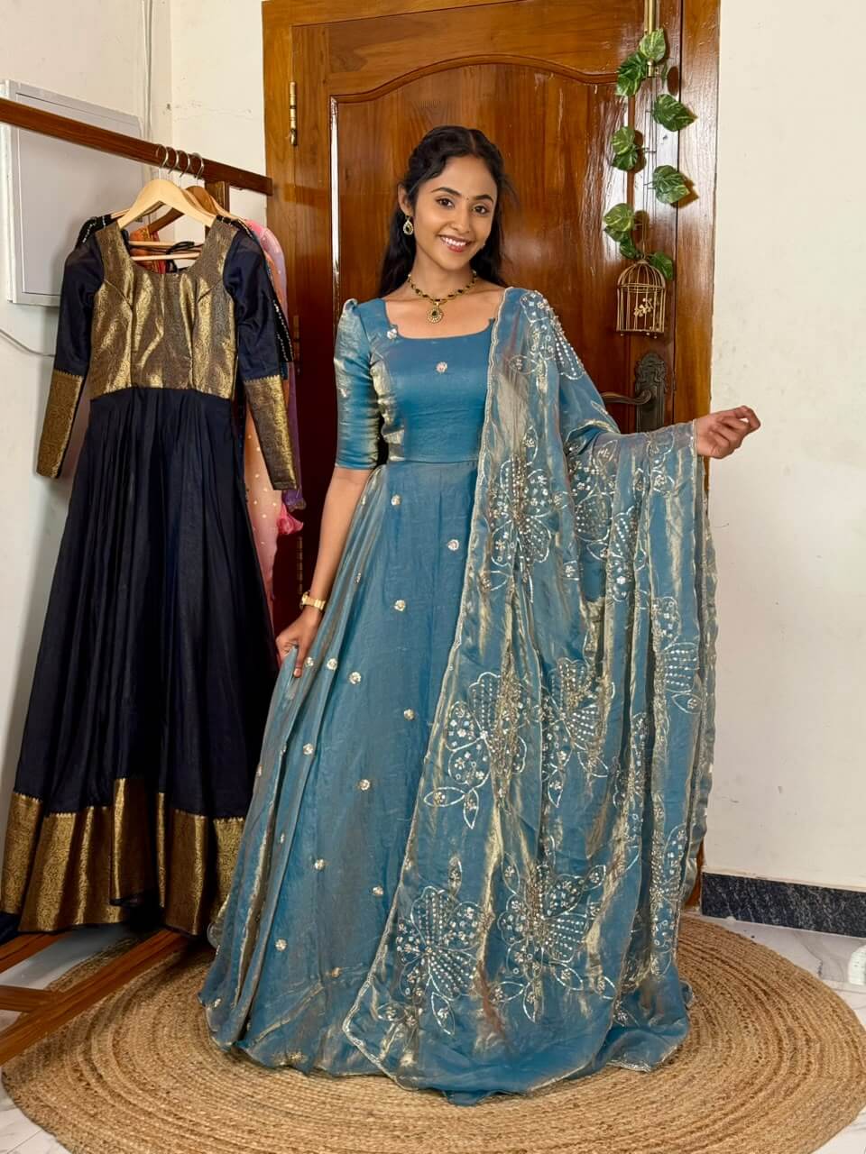 Raha ice blue maxi with grand bead work shawl