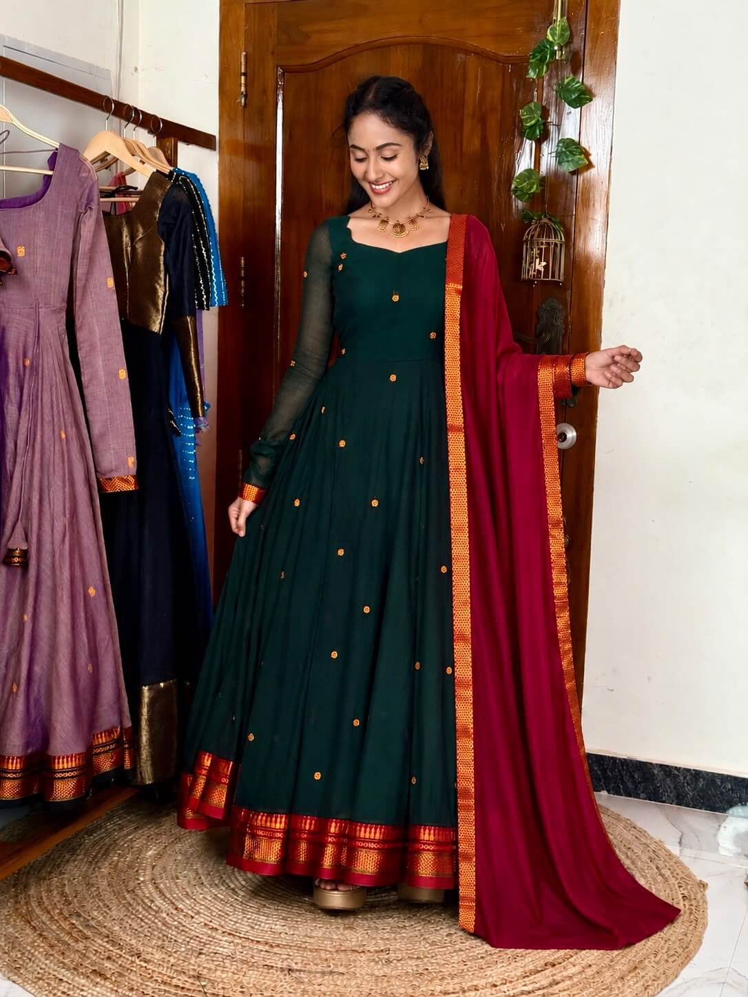 Dark green ranipink Thogai anarkali