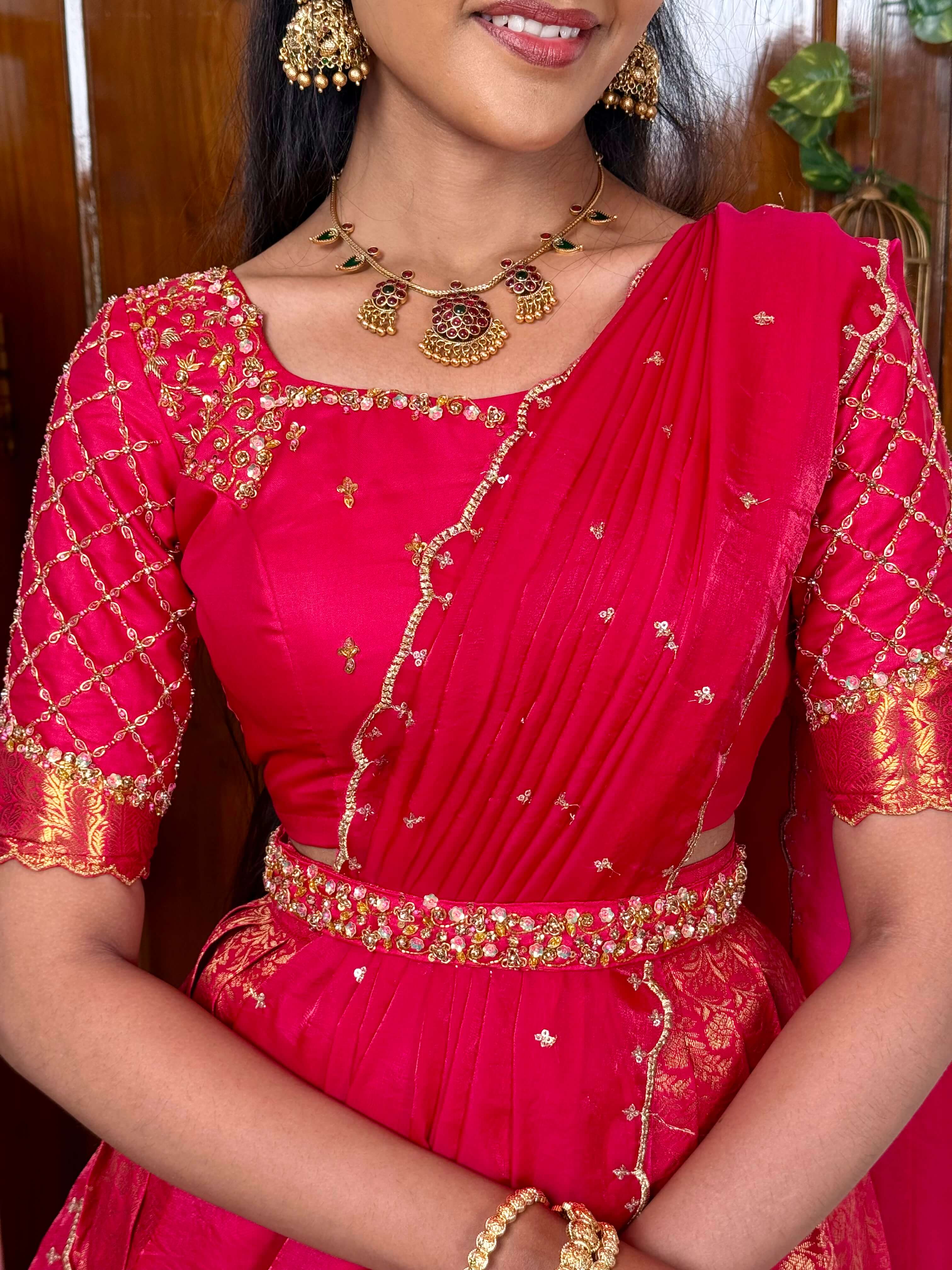 Rani pink Premium hand worked pure Kanchipuram silk Lehenga