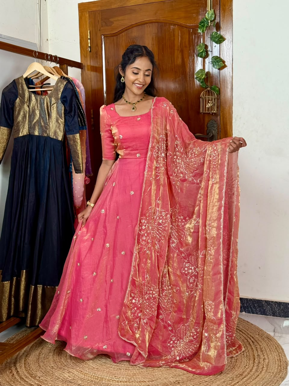 Raha pink maxi with grand bead work shawl