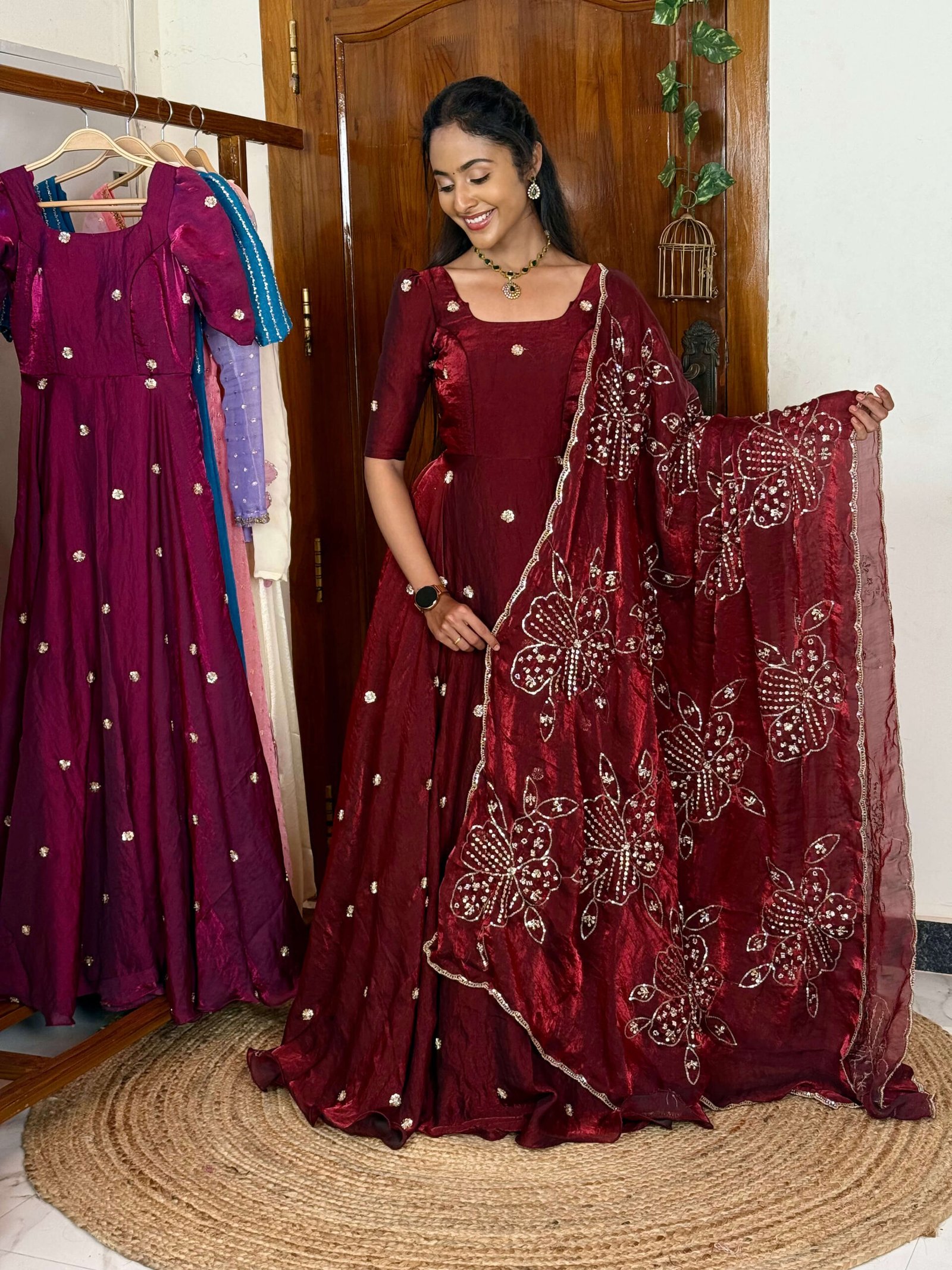 Raha maroon maxi with grand bead work shawl