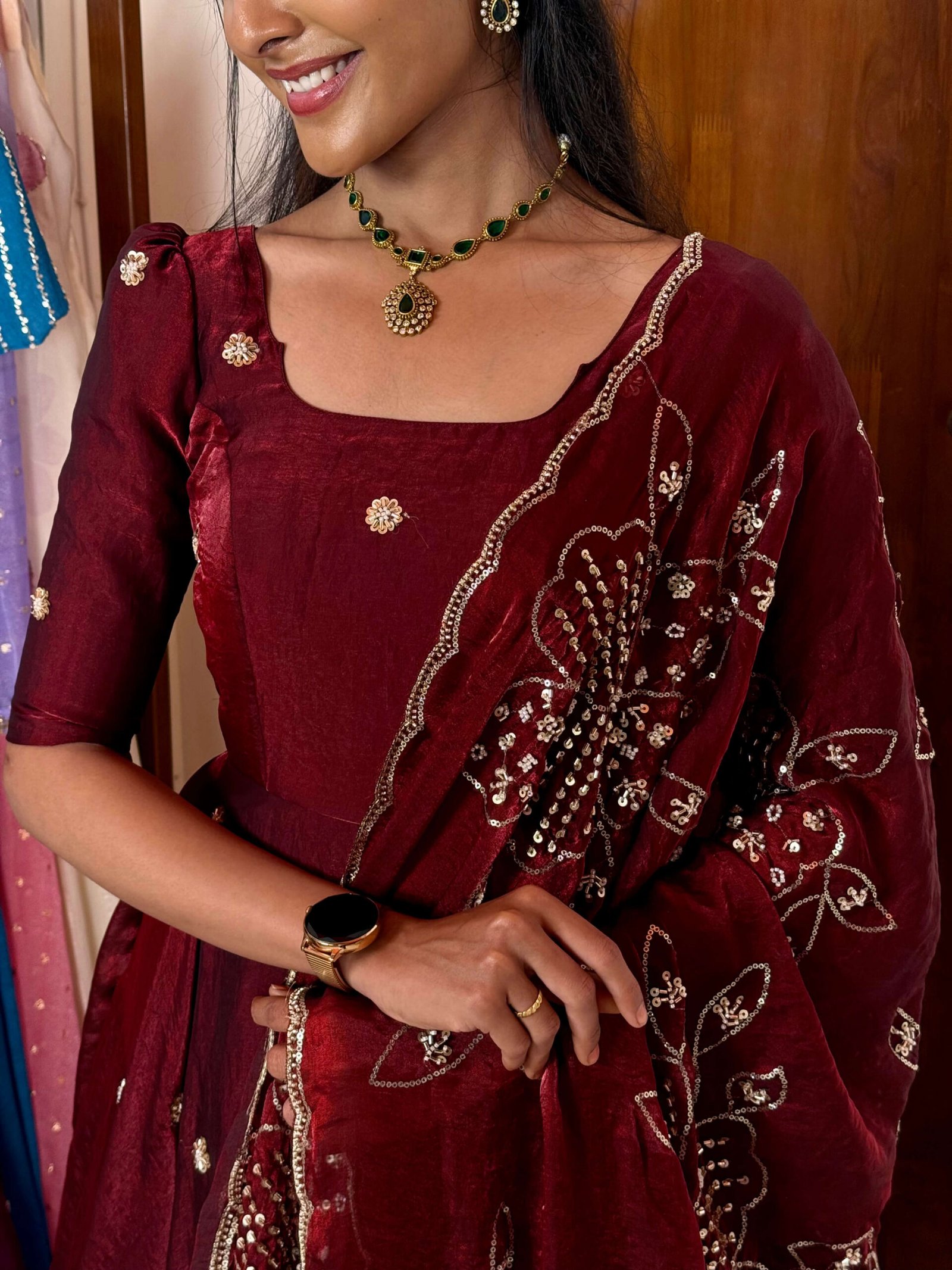Raha maroon maxi with grand bead work shawl