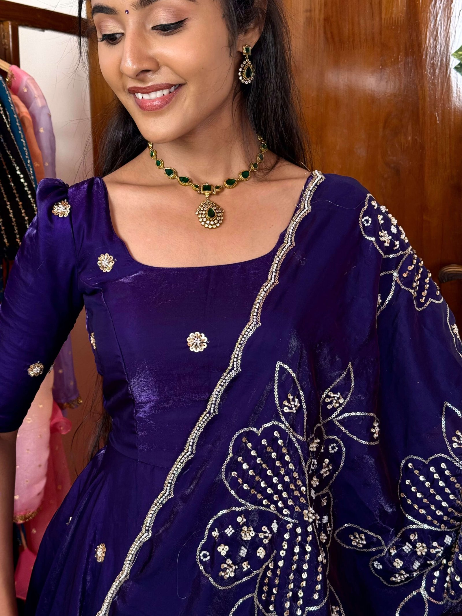 Raha Purple maxi with grand bead work shawl