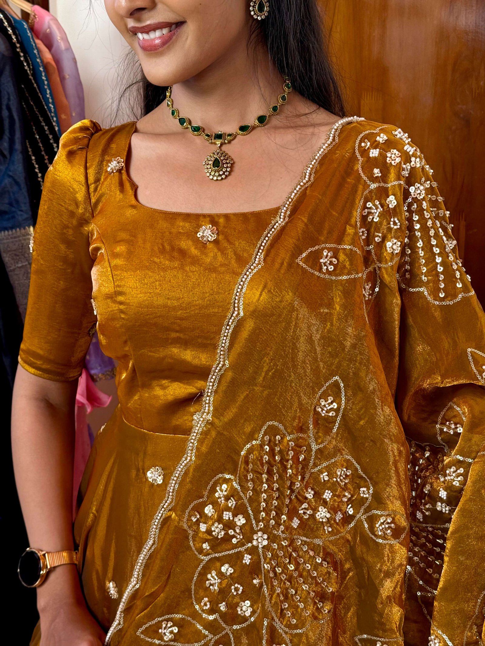 Raha gold maxi with grand bead work shawl