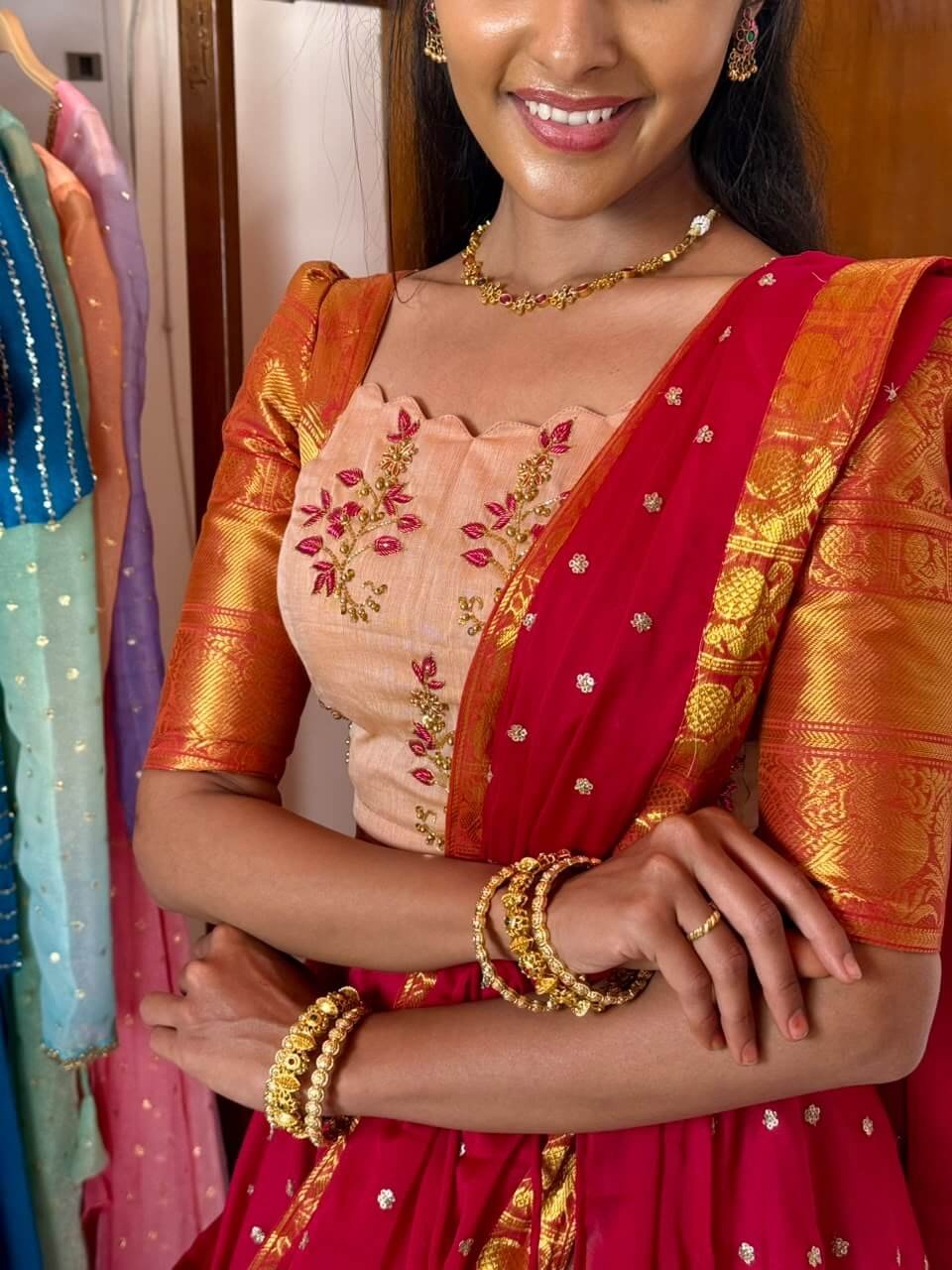 4 in 1 Dreamy layers Cream and rani pink lehenga