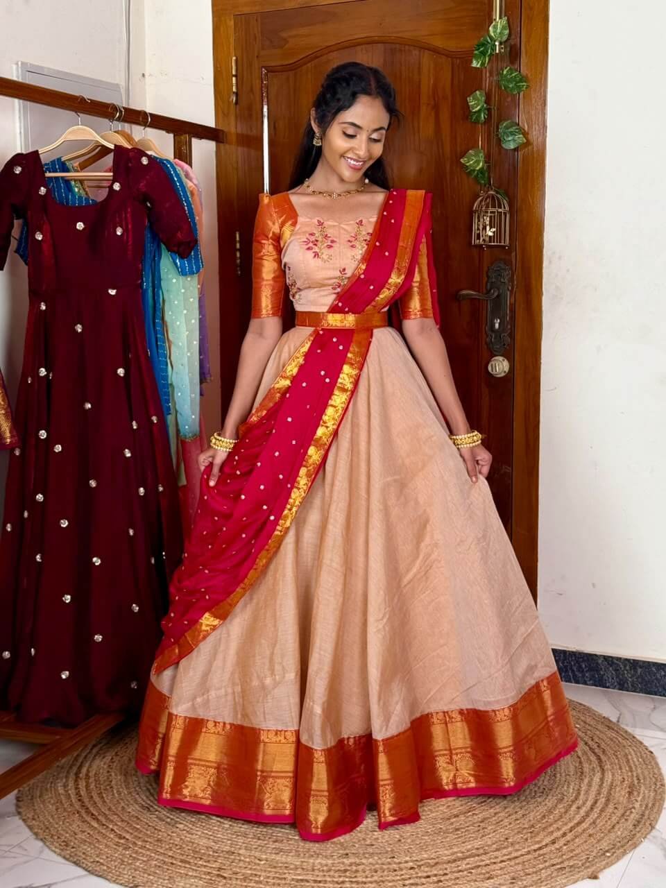 4 in 1 Dreamy layers Cream and rani pink lehenga