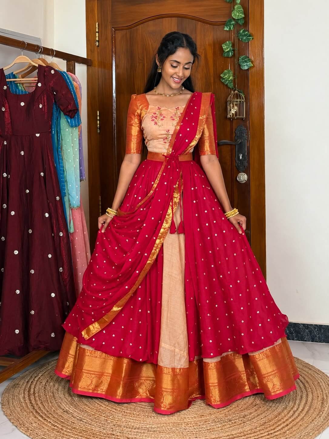4 in 1 Dreamy layers Cream and rani pink lehenga