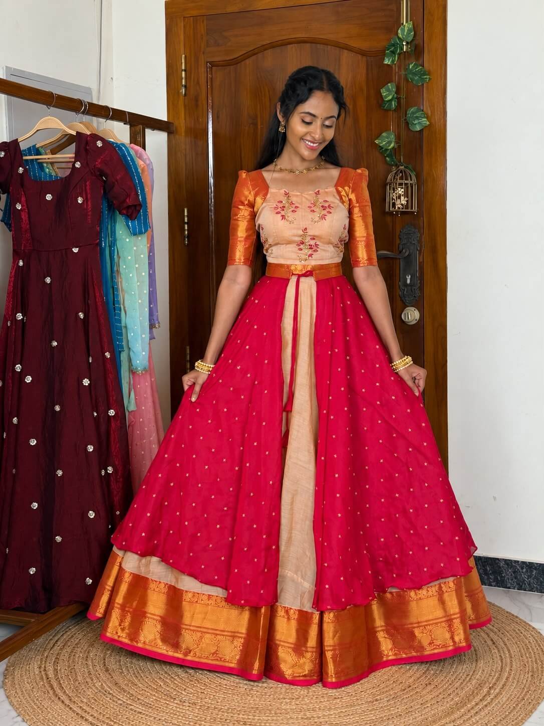 4 in 1 Dreamy layers Cream and rani pink lehenga