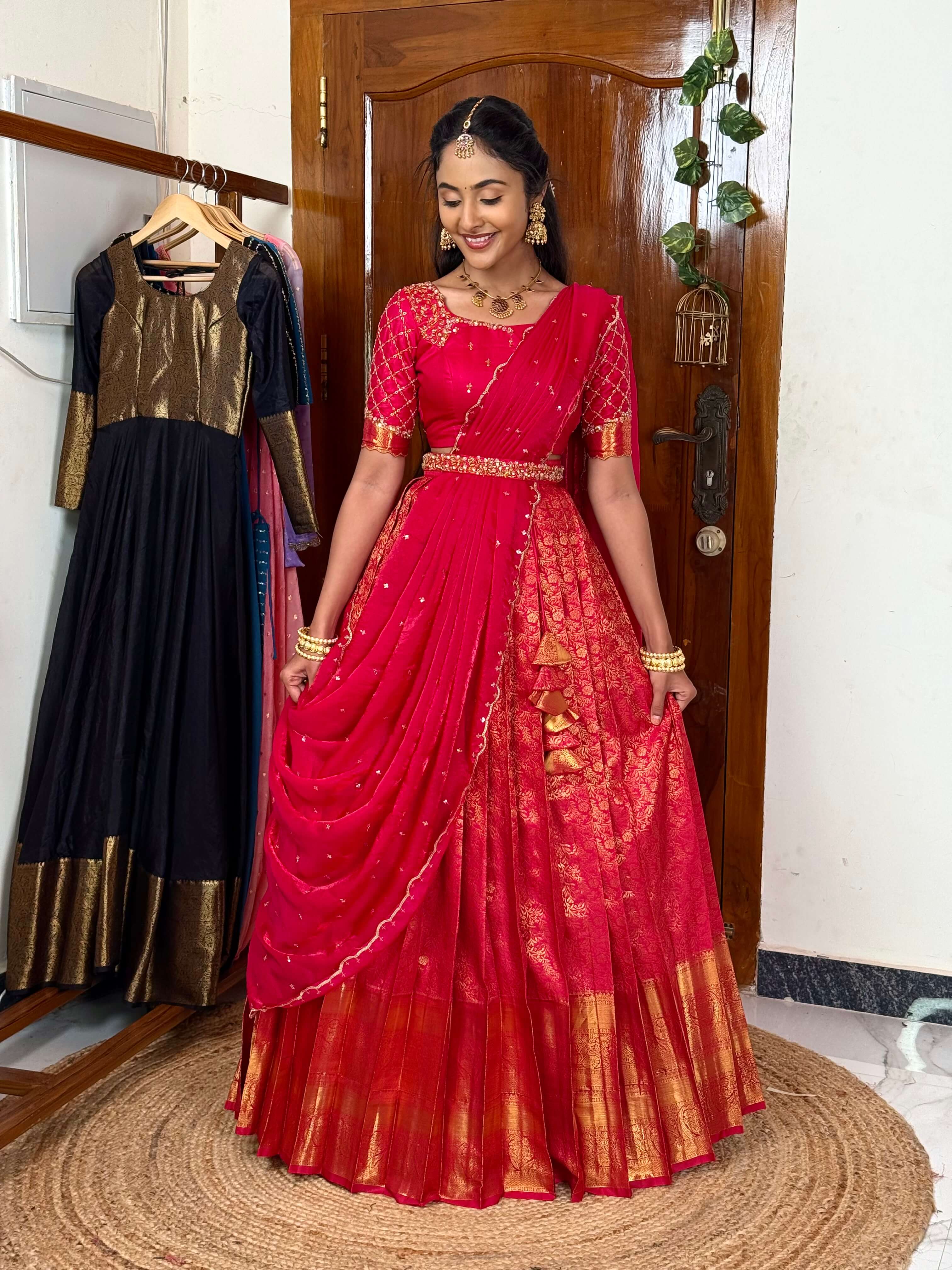 Rani pink Premium hand worked pure Kanchipuram silk Lehenga