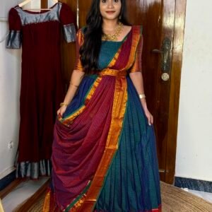 Karigai Checks Hallf saree -  Peacock Blue And Magenta