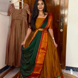 Karigai Checks Hallf saree -  Mustard And Dark Green