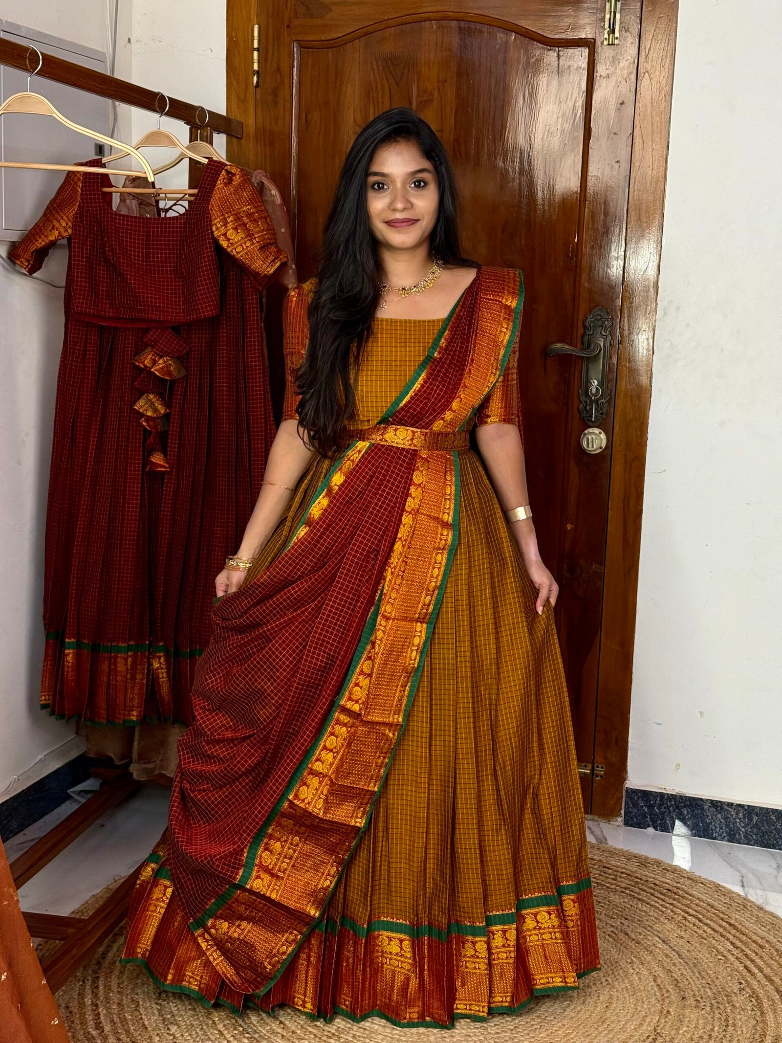 Karigai Checks Hallf saree -  Mustard And Maroon