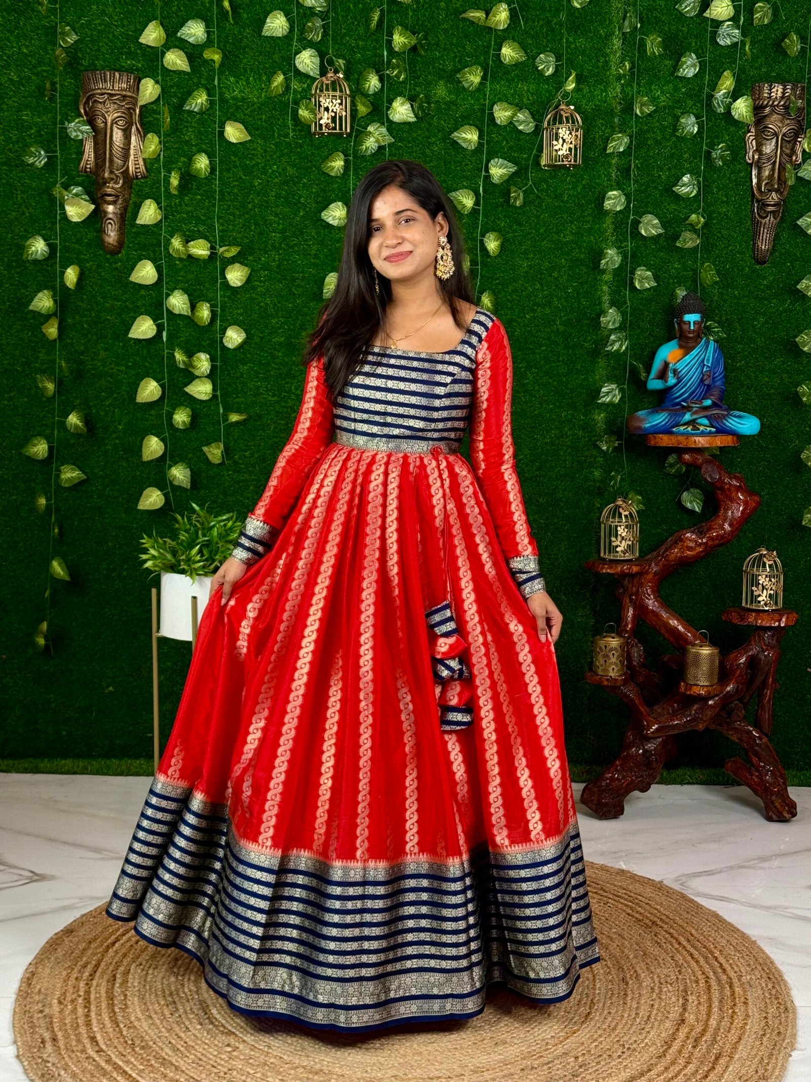 Silk Stripes Maxi Dress Red And Blue