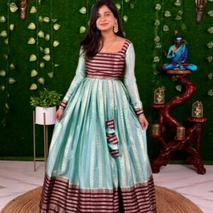 Silk Stripes Maxi Dress Blue And Brown