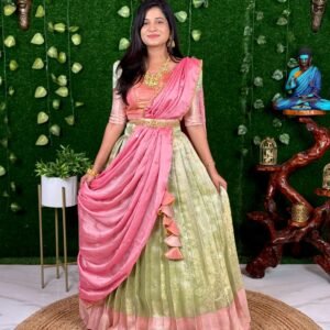 TISSUE SILK - Pista Green & Pink (Lehengas)