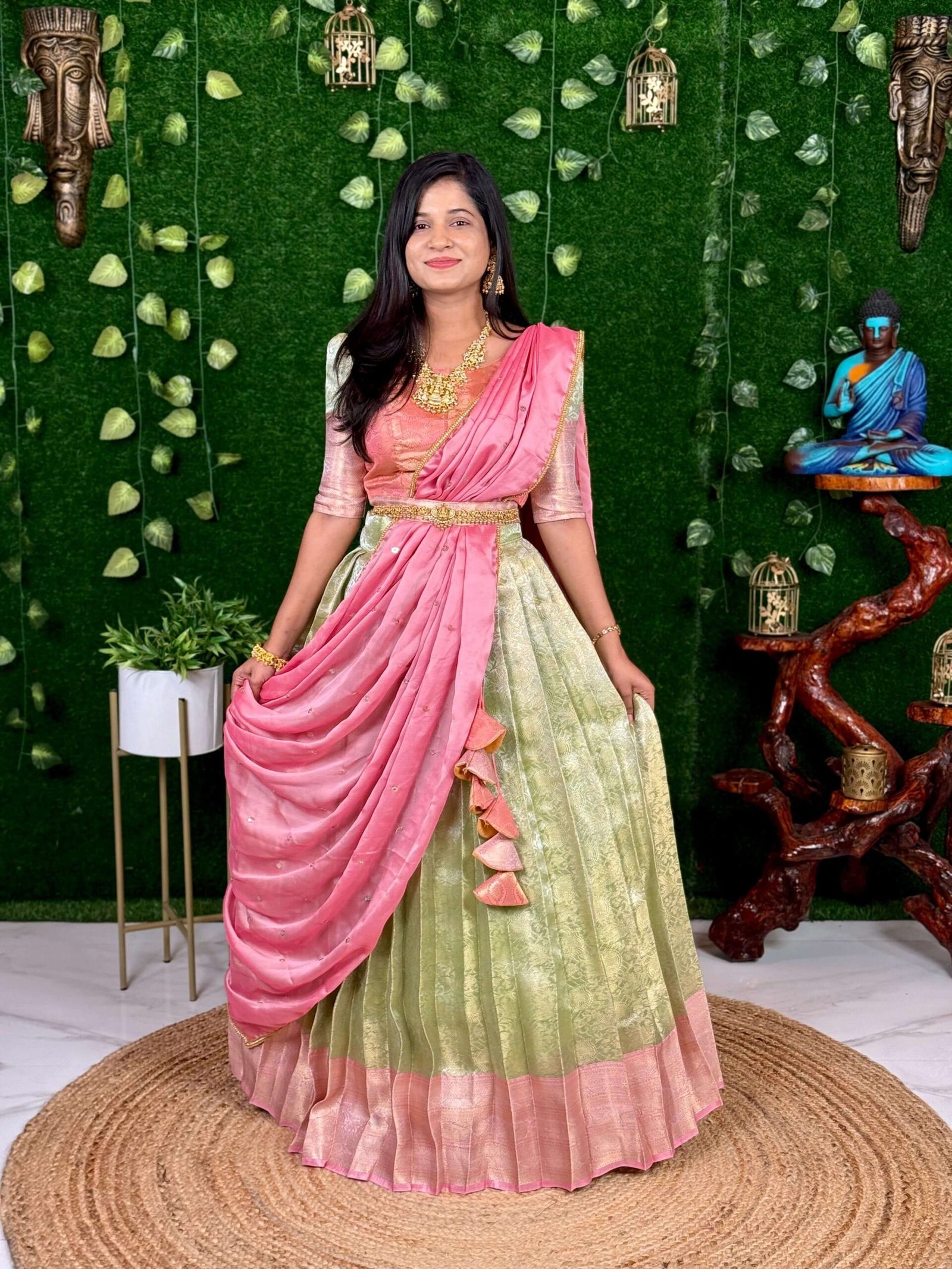 TISSUE SILK - Pista Green & Pink (Lehengas)