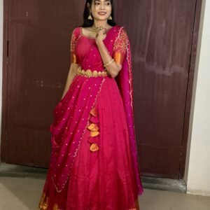 Mangalagiri Silk Premium Halfsaree - Rani pink