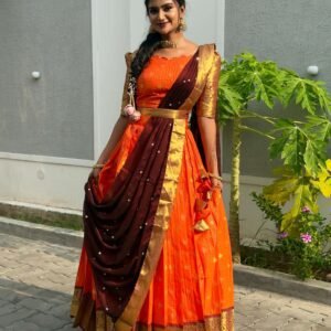 Kanmani - Orange and Brown soft tissue Halfsaree