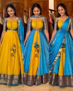 4 in 1 Yellow and blue dreamy layers lehenga set
