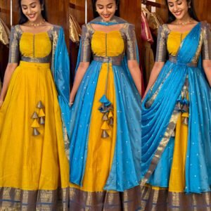 4 in 1 Yellow and blue dreamy layers lehenga set