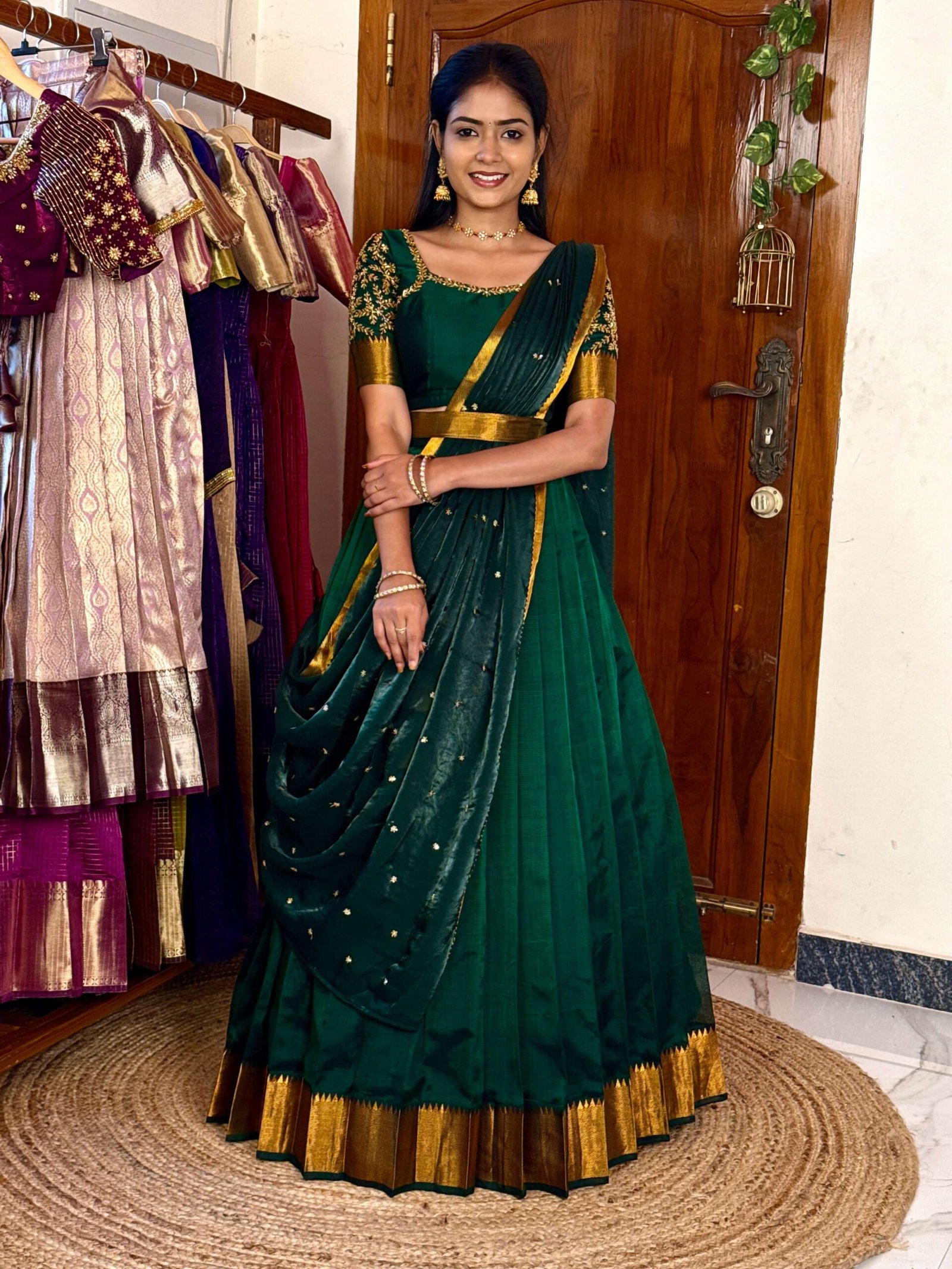 Mangalagiri Silk Premium Halfsaree - Dark green SC011 - Image 3