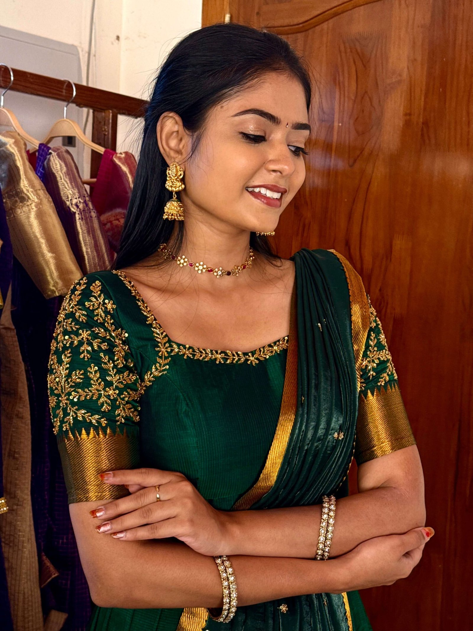 Mangalagiri Silk Premium Halfsaree - Dark green SC011 - Image 4