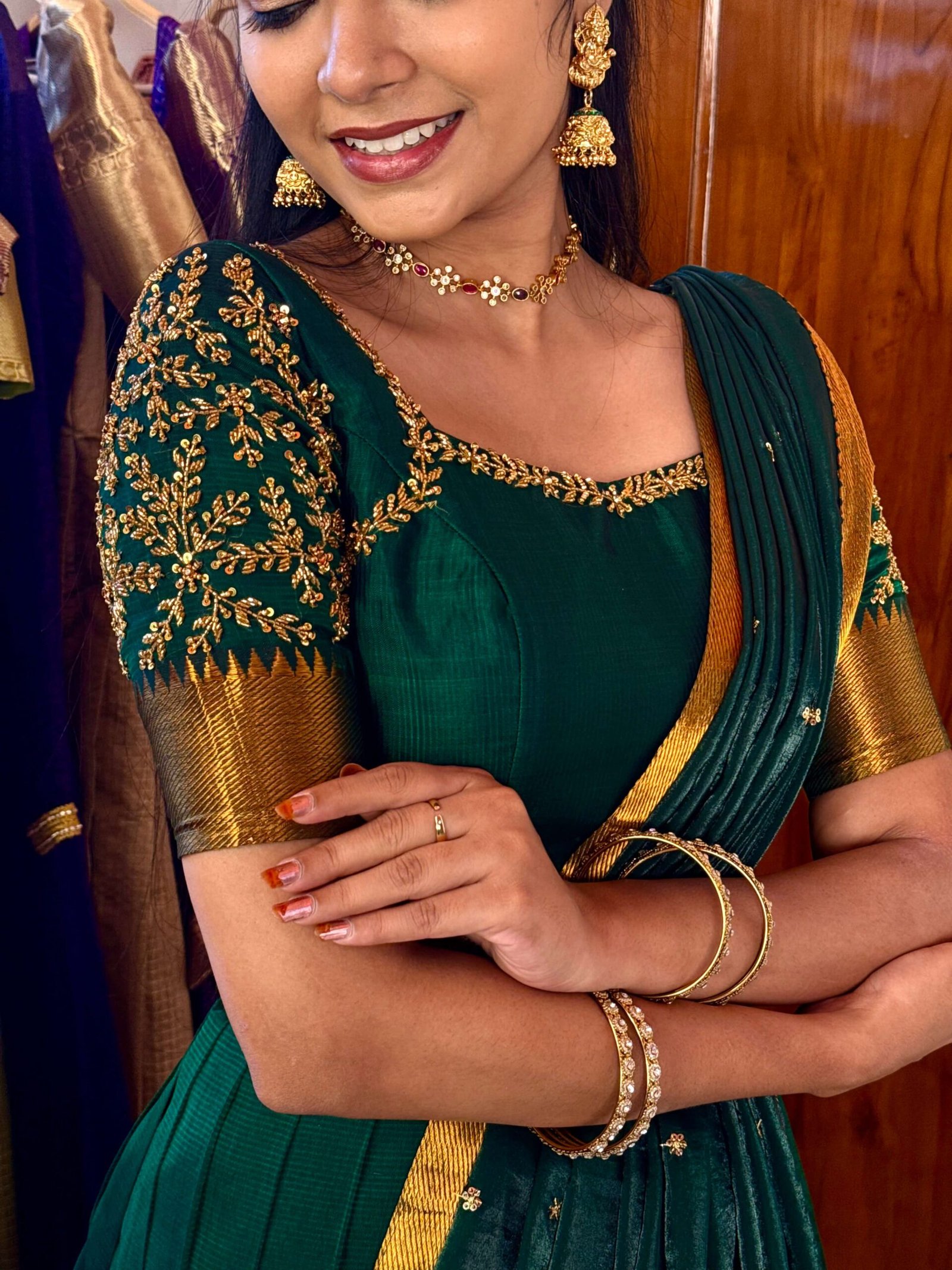 Mangalagiri Silk Premium Halfsaree - Dark green SC011 - Image 2