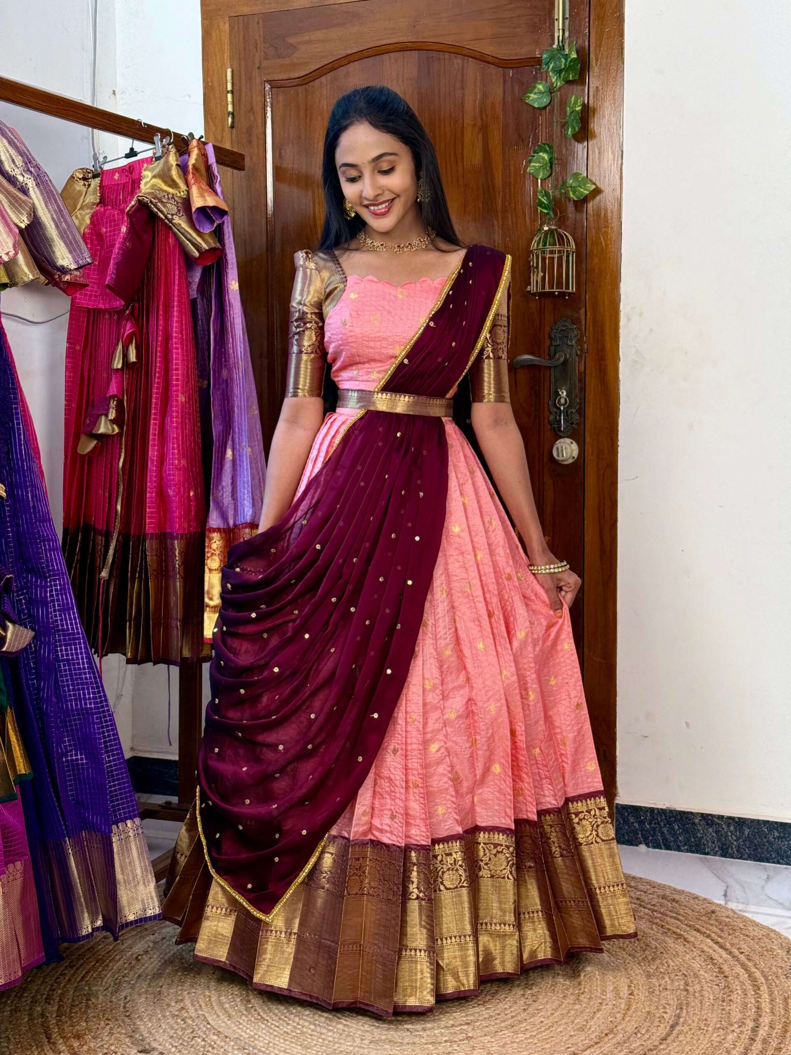 Kanmani pink and dark wine lehenga SC024