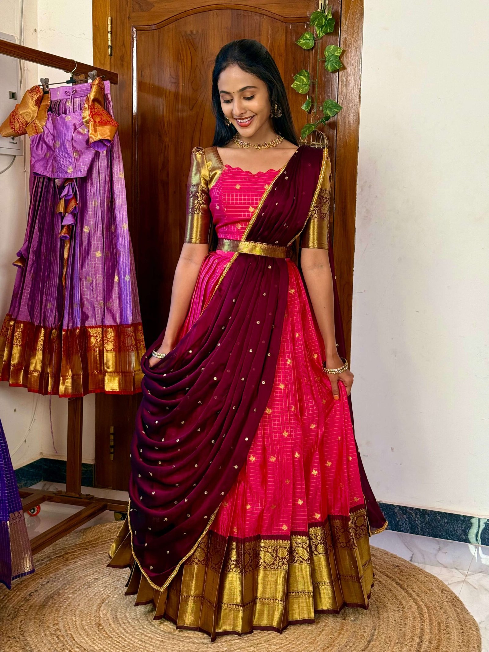 Kanmani Rani pink and dark wine lehenga SC025