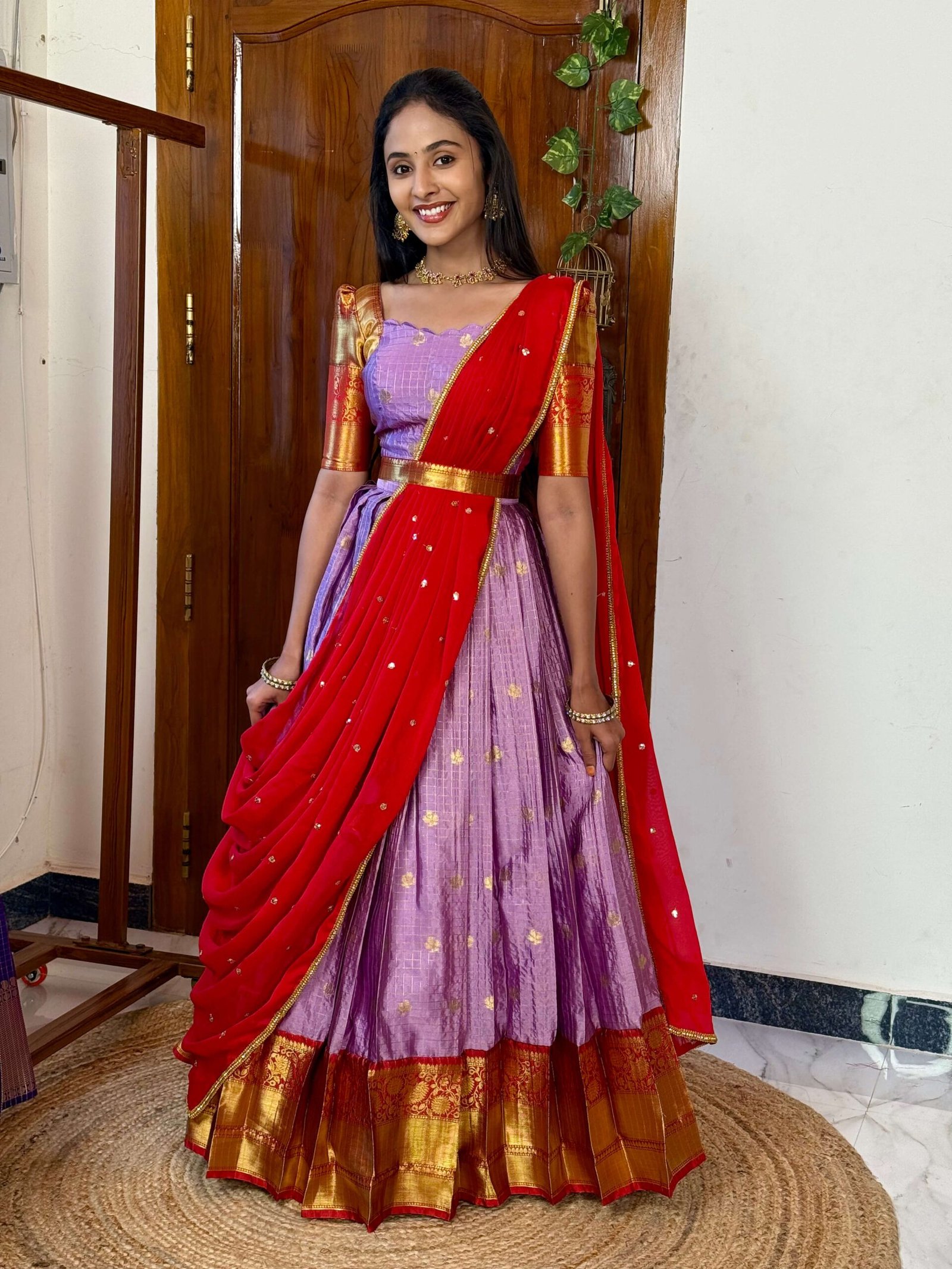 Kanmani Lavender and red lehenga SC026