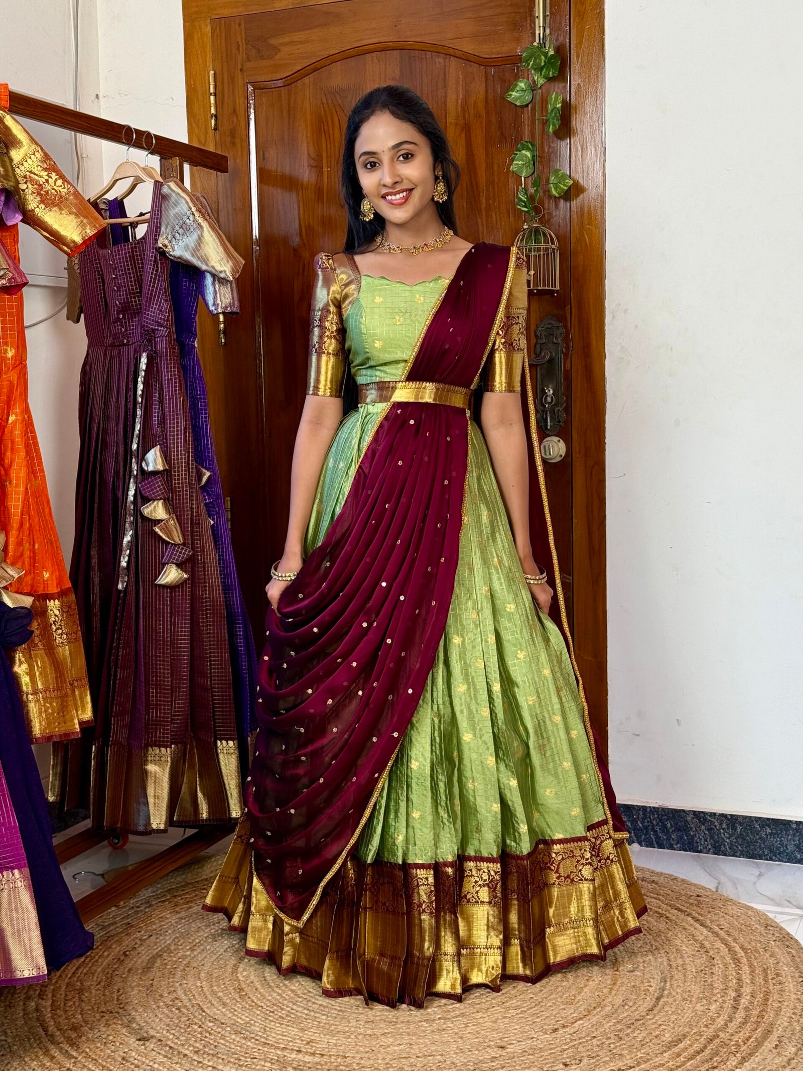 Kanmani Green and dark wine lehenga SC028