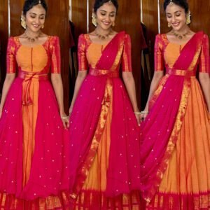 4 in 1 Mustard and Rani pink dreamy layers lehenga set