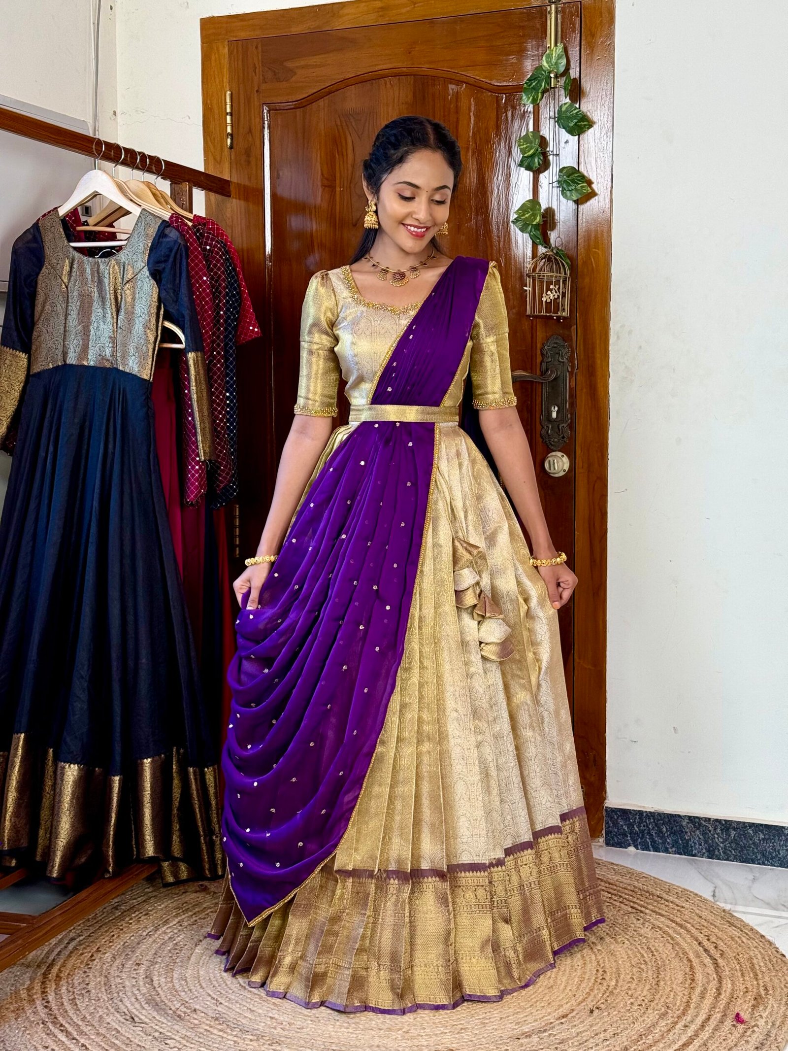 Madhuram off white and purple hand worked lehenga set - SC057