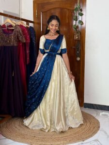 Mugil off white and peacock onam vastra lehenga set SC052