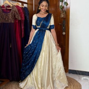 Mugil off white and peacock onam vastra lehenga set SC052