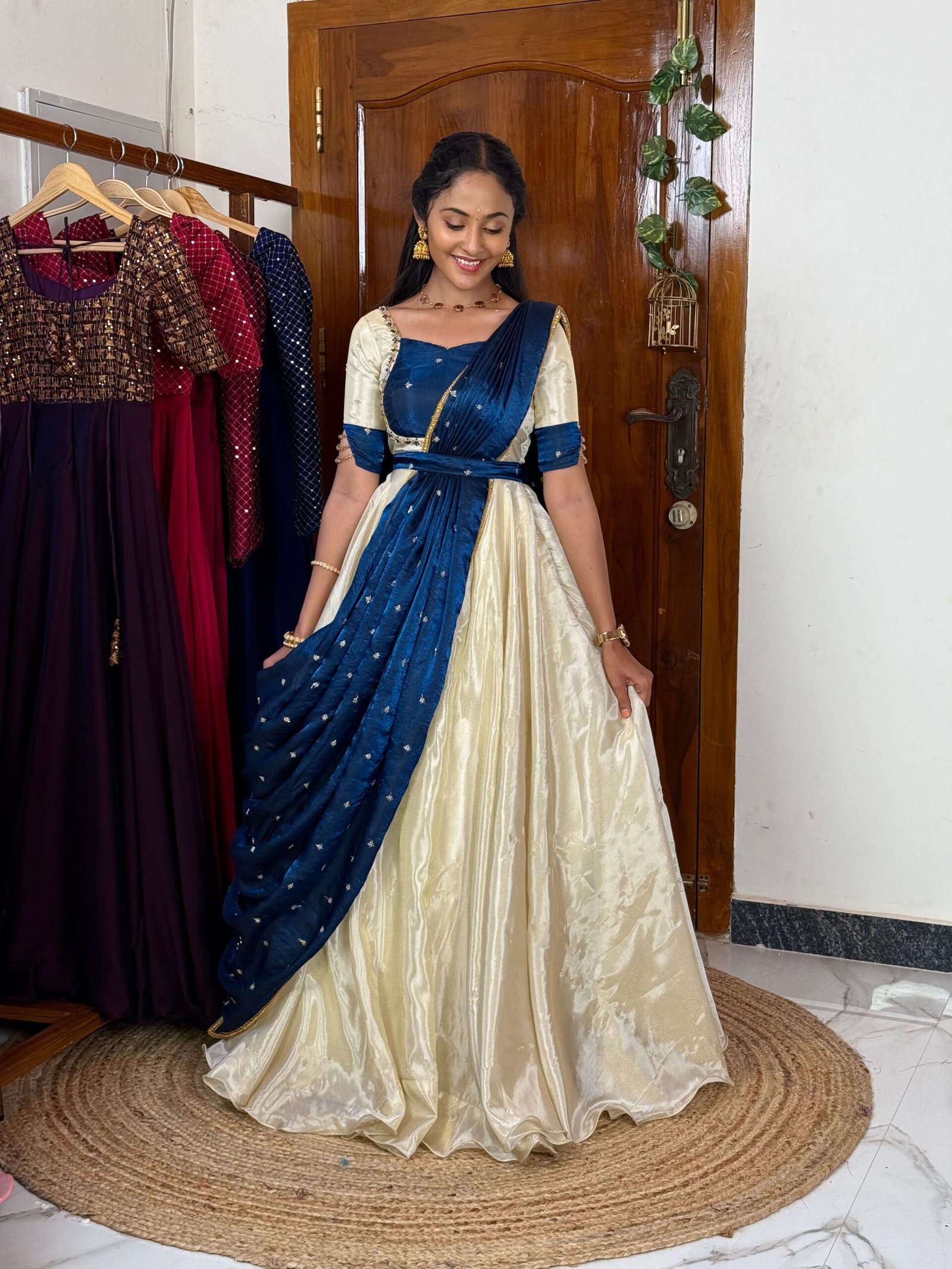 Mugil off white and peacock onam vastra lehenga set SC052