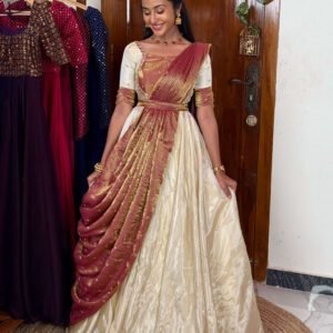 Mugil off white and pink onam vastra lehenga set SC051