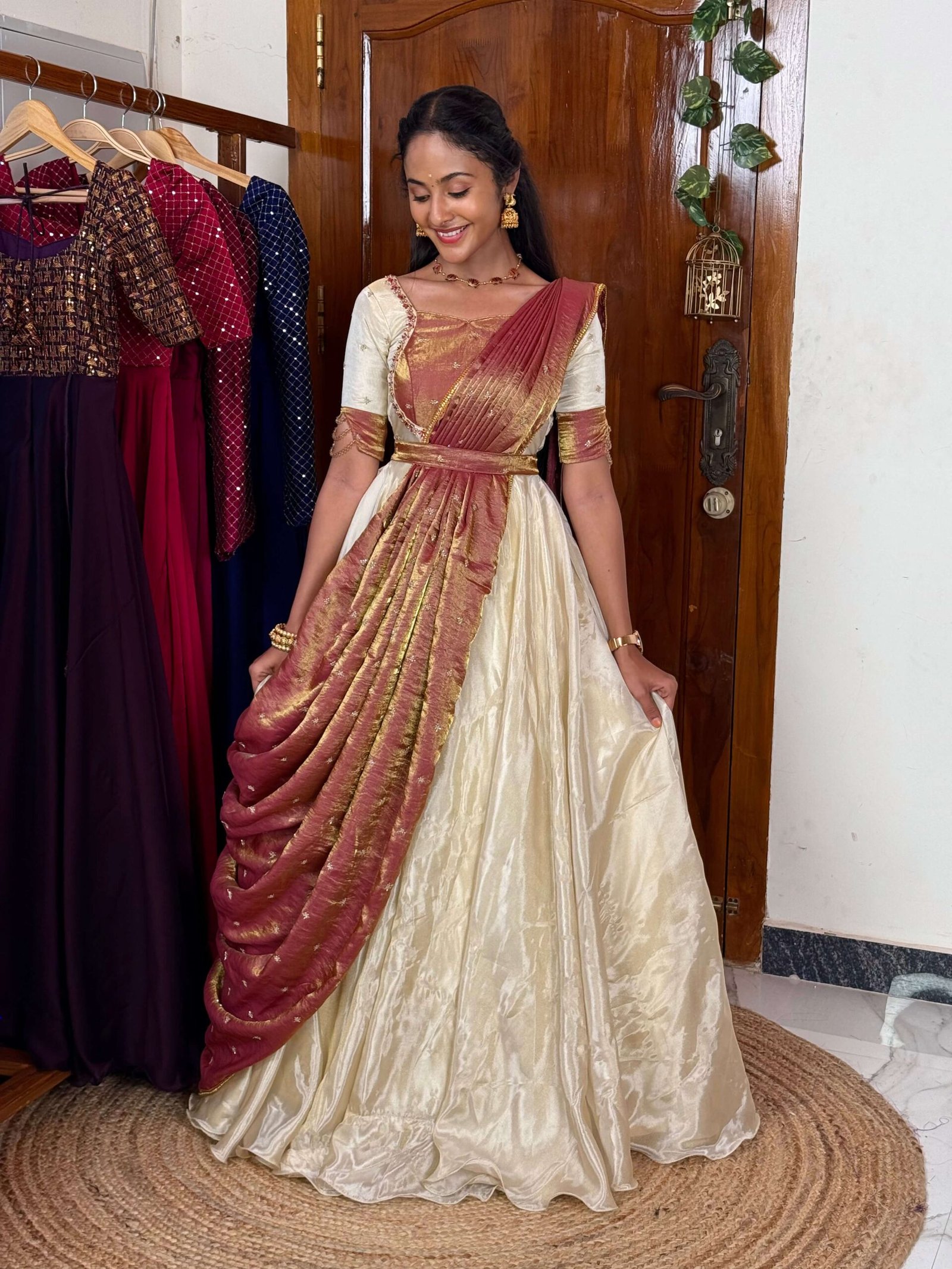 Mugil off white and pink onam vastra lehenga set SC051