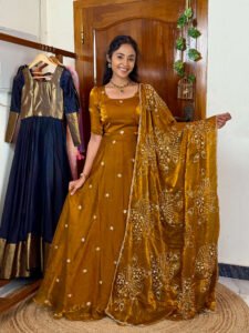 Raha gold maxi with grand bead work shawl SC094