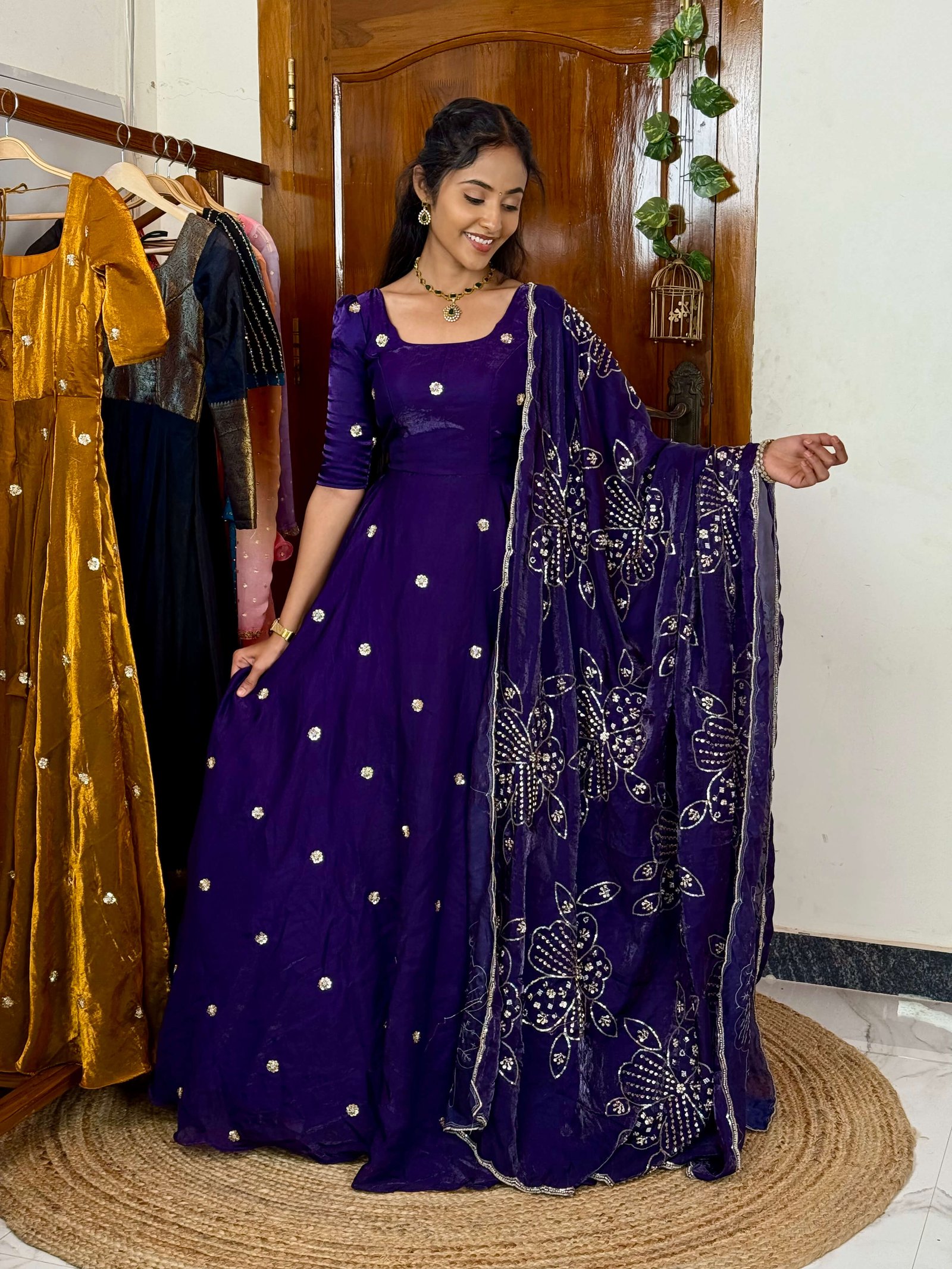 Raha Purple maxi with grand bead work shawl SC093