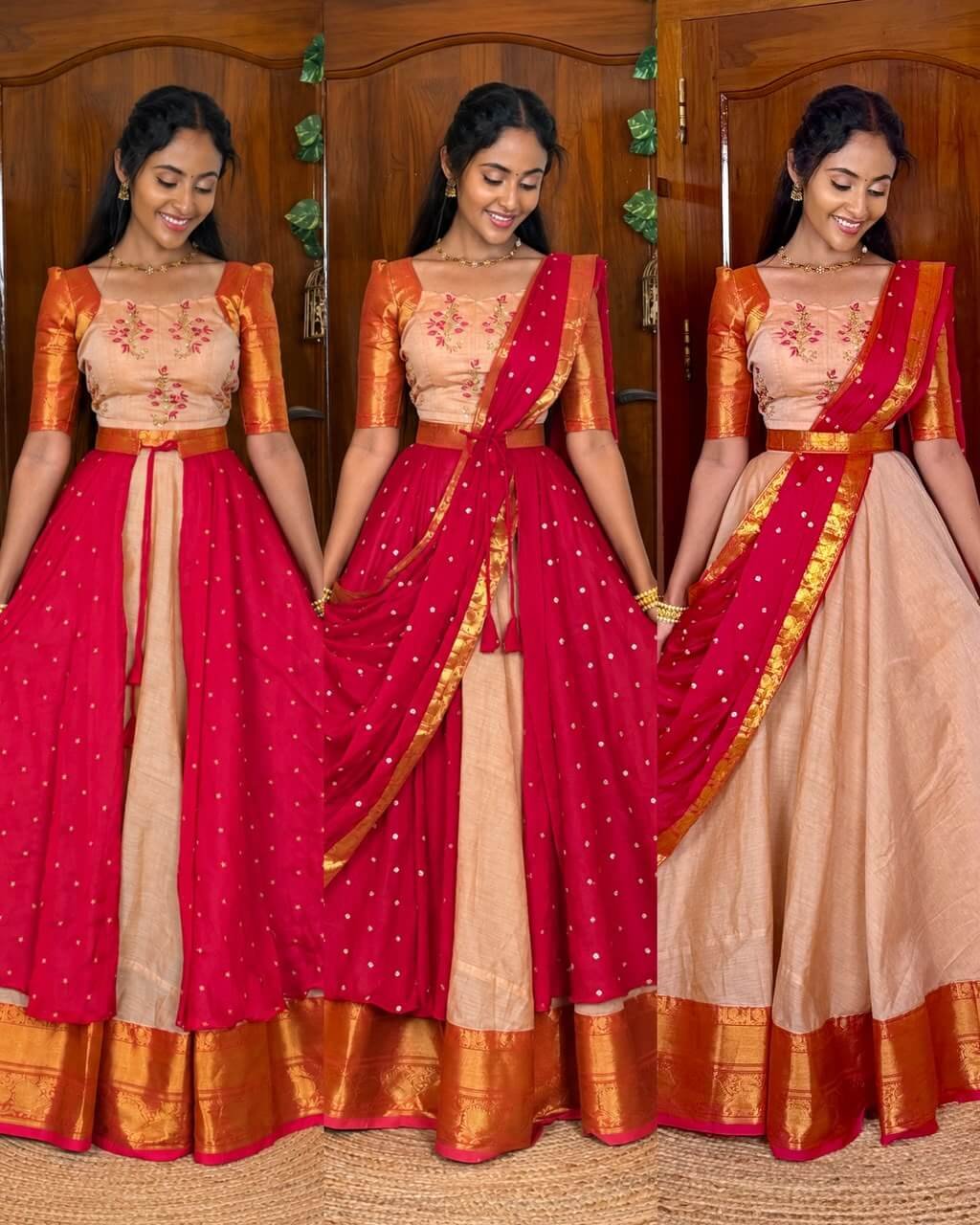 4 in 1 Dreamy layers Cream and rani pink lehenga SC095